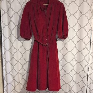 Vintage Velour Belted Dress Brick Red Elastic Waist And Sleeves